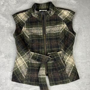 CAbi Vest Womens Medium Green Plaid Tweed Belted Zip Front Sleeveless Jacket